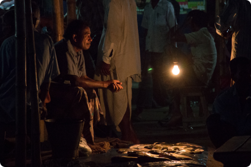 Man selling fish in Cambodia during the night, using solar energy